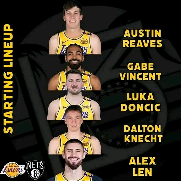 The starting lineup for the New Lakers: PF: Dalton Knecht SG: Gabe Vincent SF: Austin Reaves PG: Luka Doncic C: Len Alex OUT: Finney-Smith, LeBron, Hayes, Hachimura, and Maxi Kleber Starting lineup for the Nets SG: Keon Johnson; PG: D’Angelo Russell SF: Cam Johnson PF: Claxton C: Williams…..